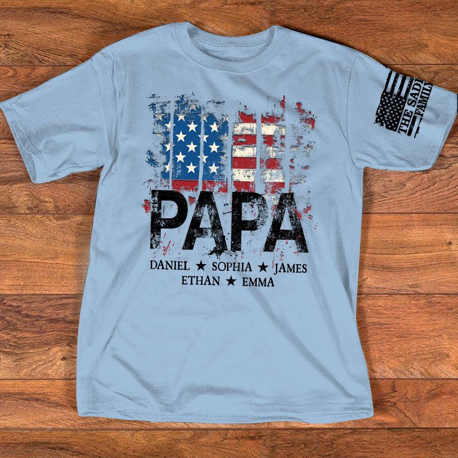 Personalized Papa Shirt for 4th of July – American Flag Custom Dad Gift with Family Name and Kids Names