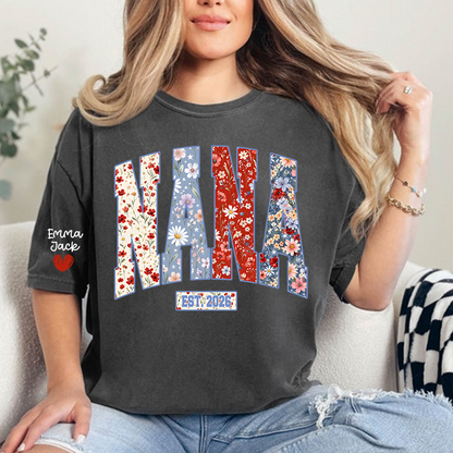 Personalized Nana 4th July Independence Day American, Floral American FlagT-Shirt, Patriotic Gift For Grandma And Kids