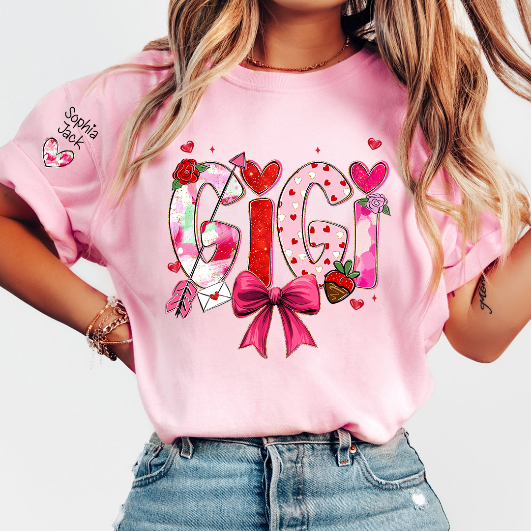 Personalized Gigi Valentine T-shirt, Cute Bow and Strawberry Design for Grandma and Kids