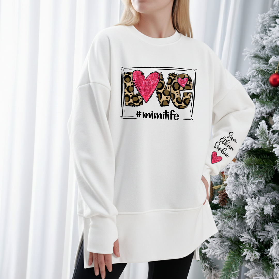 Personalized Mimi Life Oversized Sweatshirt with Leopard Heart Graphic, Custom Grandma Names on Sleeve, Cozy Relaxed Fit Pullover for Mimi, Stylish Family Inspired Apparel for Women