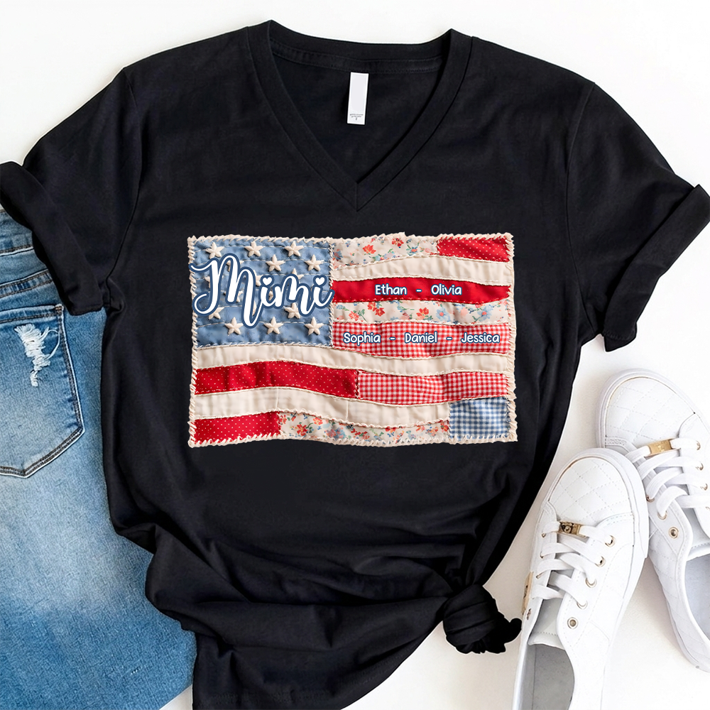 Custom Mimi Shirt for Grandmother Personalized with Kids' Names, American Flag Patchwork Design V-Neck