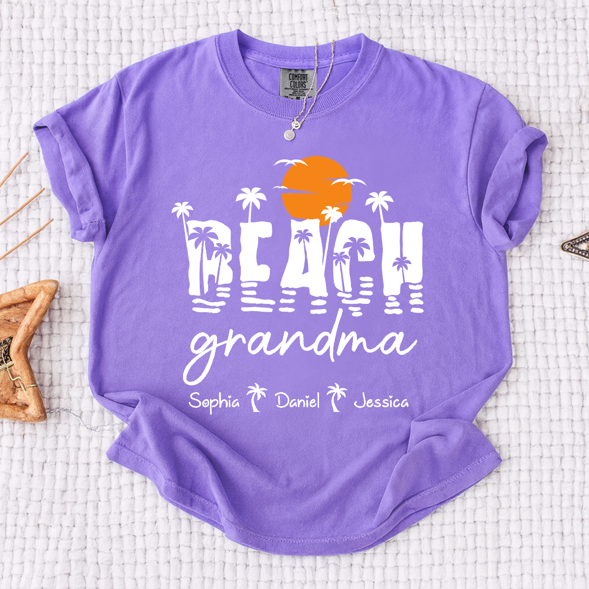 Comfort Colors Personalized Tropical Grandma Shirt – Custom Beach Sunset Palm Tree Tee with Grandchildren Names, Vacation Gift for Her