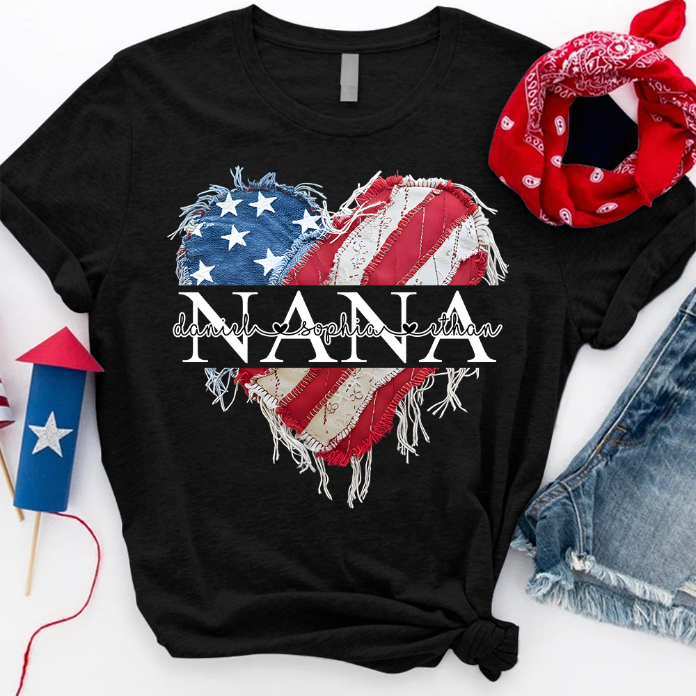 Personalized Nana T Shirt, Custom American Flag Heart Design with Family Names, Patriotic Gift for Nana