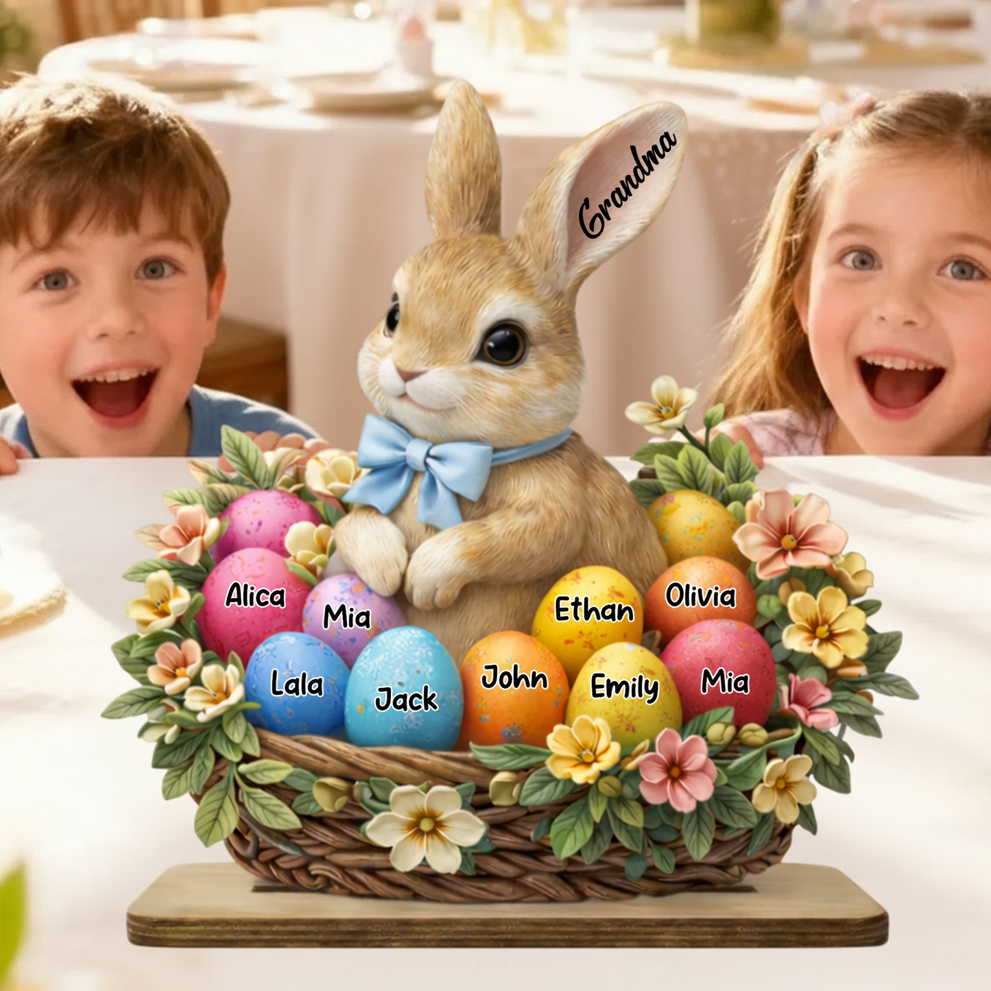 Personalized Easter Bunny Basket Wooden Plaque - Custom Grandkids' Names, "Grandma" Easter Decor with Floral and Egg Design