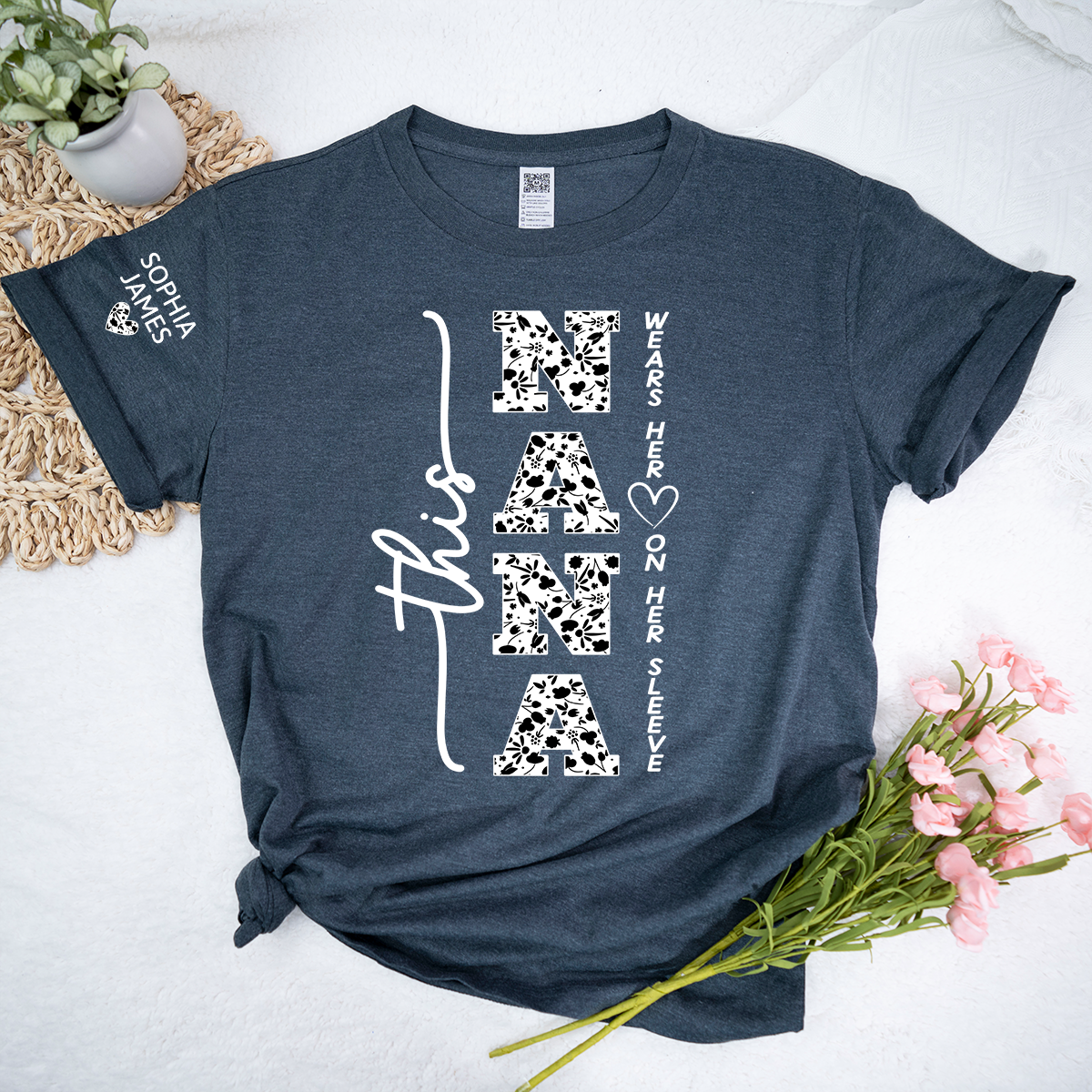 This Nana Wears Her Heart on Her Sleeve Floral Pattern Shirt, Personalized Grandma T Shirt with Names