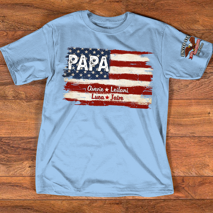 Custom Papa American Flag Shirt with Kids Names, Personalized Patriotic Papa T Shirt Family Gift