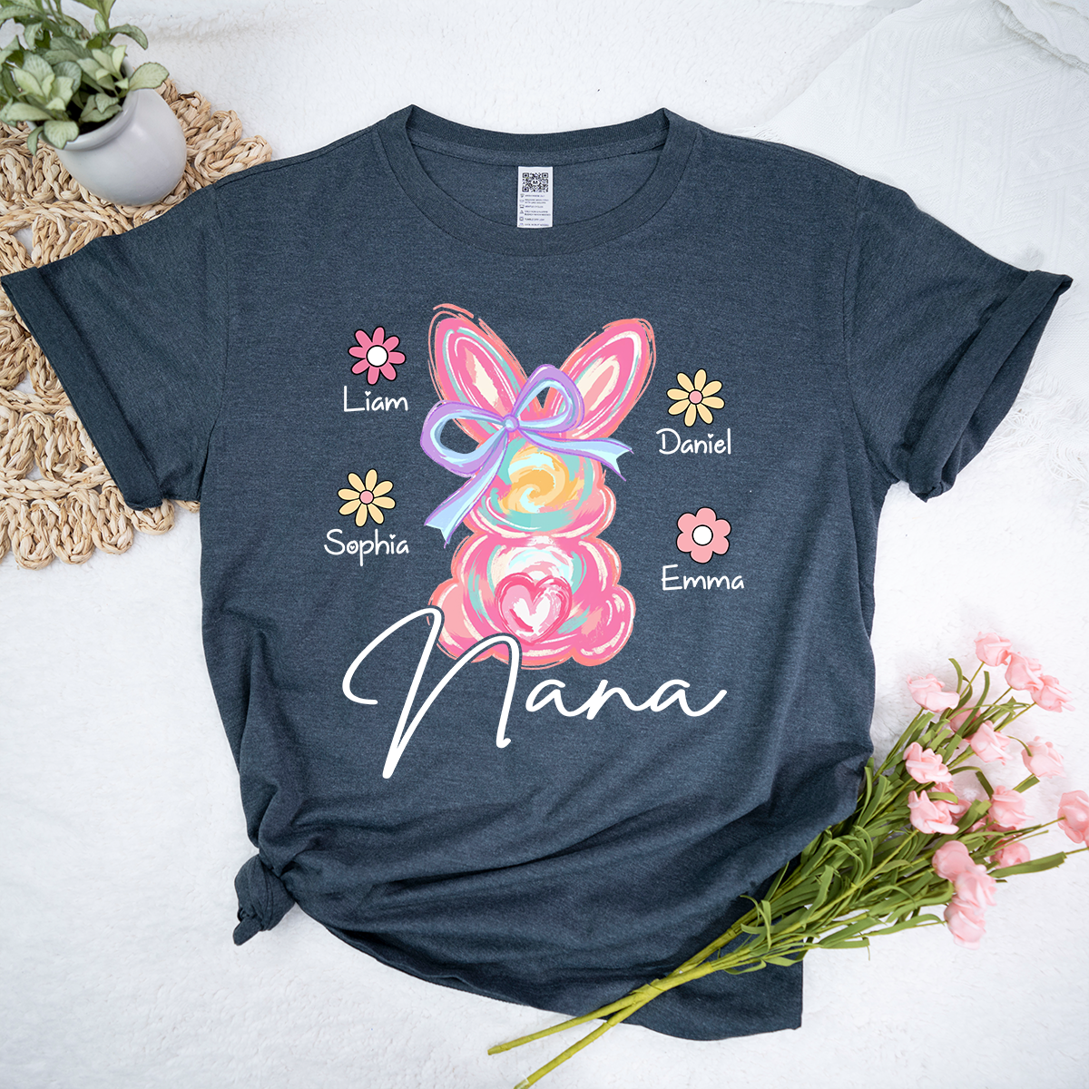 Custom Grandma T Shirt Bunny Design, Personalized Floral Shirt With Children Names