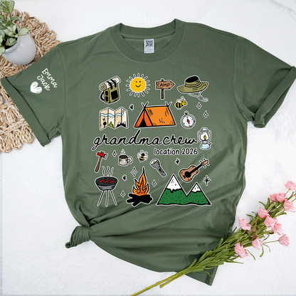 Custom Grandma Crew Camping T Shirt, Personalized Family Names Sleeve Design, Outdoor Adventure Tee for Grandma, Camp Lover Gift