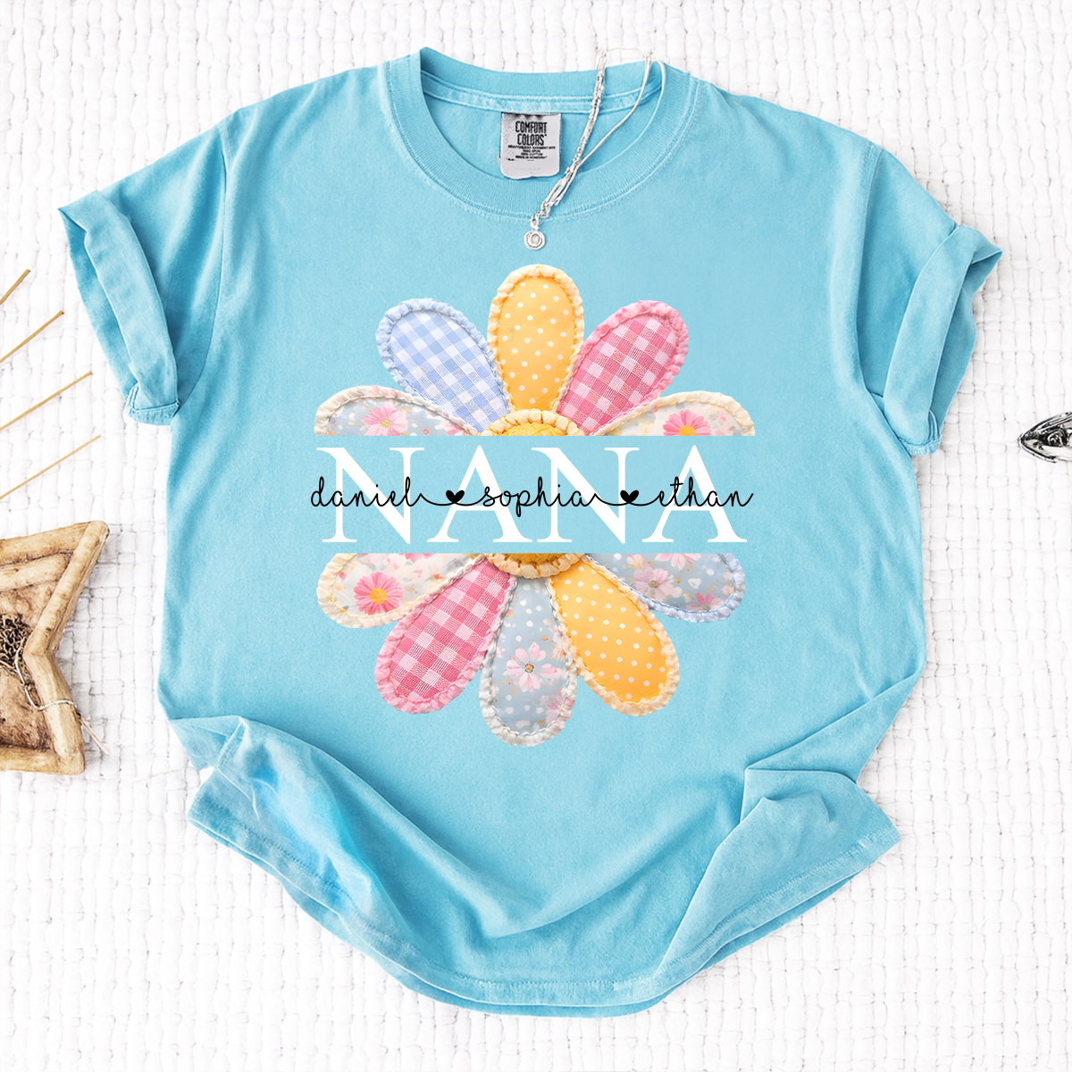 Comfort Colors Personalized Nana Shirt with Colorful Patchwork Daisy – Custom Grandma Gift with Grandkids  Names
