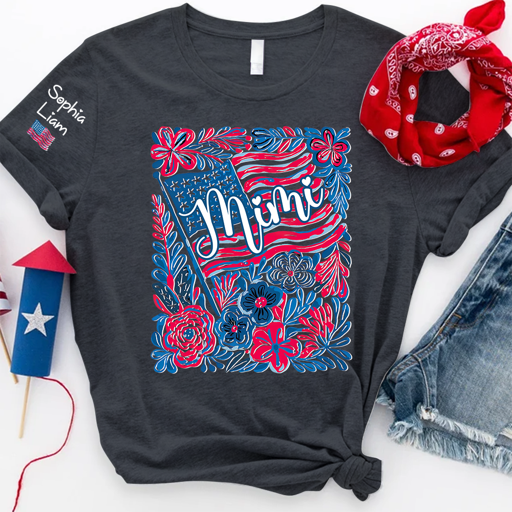 Personalized Mimi Shirt with Kids Names Patriotic Floral Design USA Flag Custom Family Tee