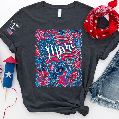 Personalized Mimi Shirt with Kids Names Patriotic Floral Design USA Flag Custom Family Tee