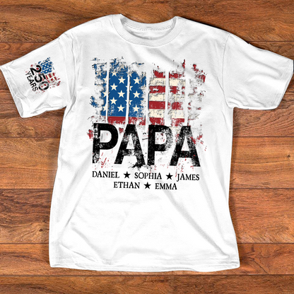 Custom Papa Shirt, 250th Anniversary USA Flag Design, Personalized with Grandkids Names, Patriotic Gift
