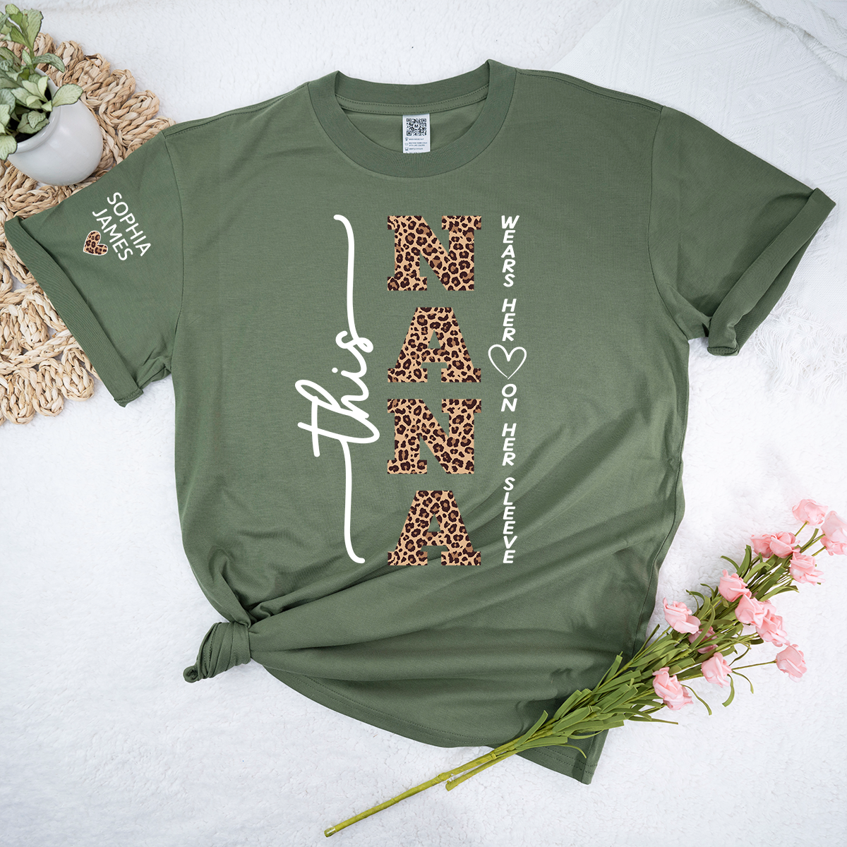 Personalized Nana Leopard Print Shirt, Custom This Nana Wears Her Heart on Her Sleeve T-Shirt with Kids Names