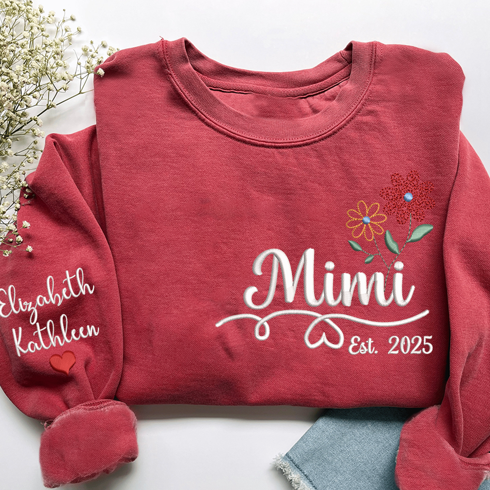 Personalized Embroidered Name Sweatshirts with Flowers, Gifts For Grandma And Kids