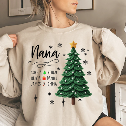 Nana Christmas Sweatshirt with Grandkids’ Names, Cute Tree Holiday Gift