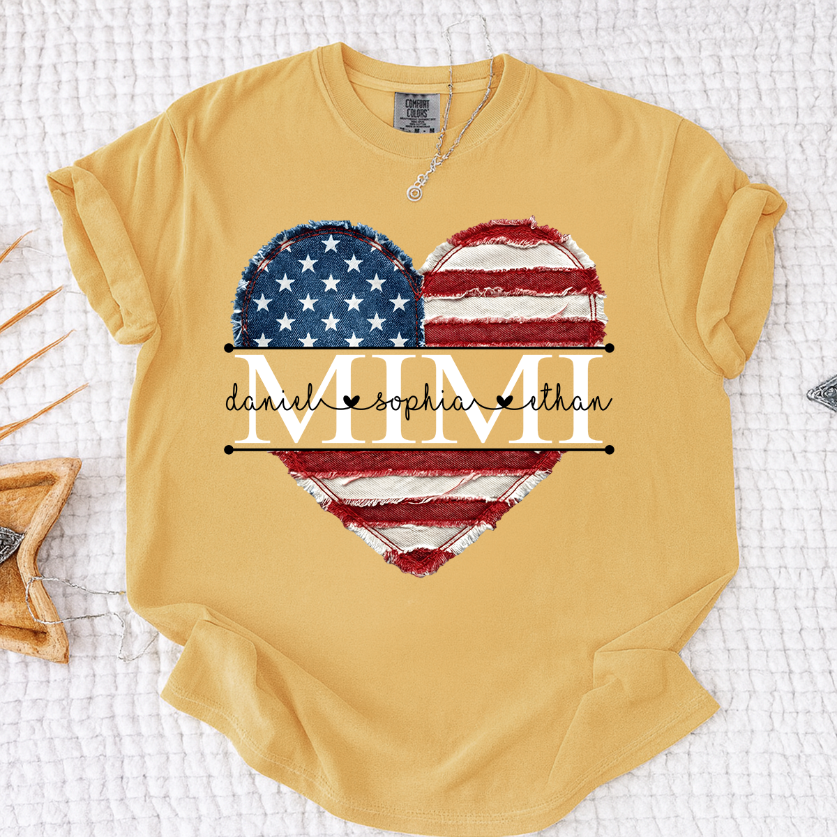 Comfort Colors Mimi Shirt with USA Flag Heart, Personalized with Kids Names, Custom Grandmother T Shirt, Ideal for Mother's Day, Patriotic Gift