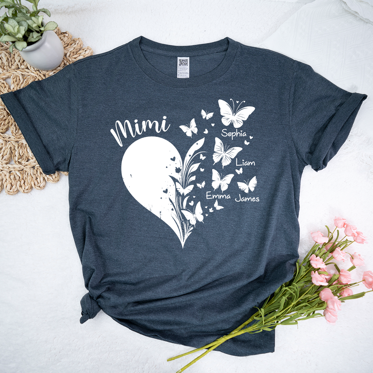 Mimi Butterfly Heart Shirt with Kids Names, Personalized Mimi Grandma T-Shirt Gift for Her