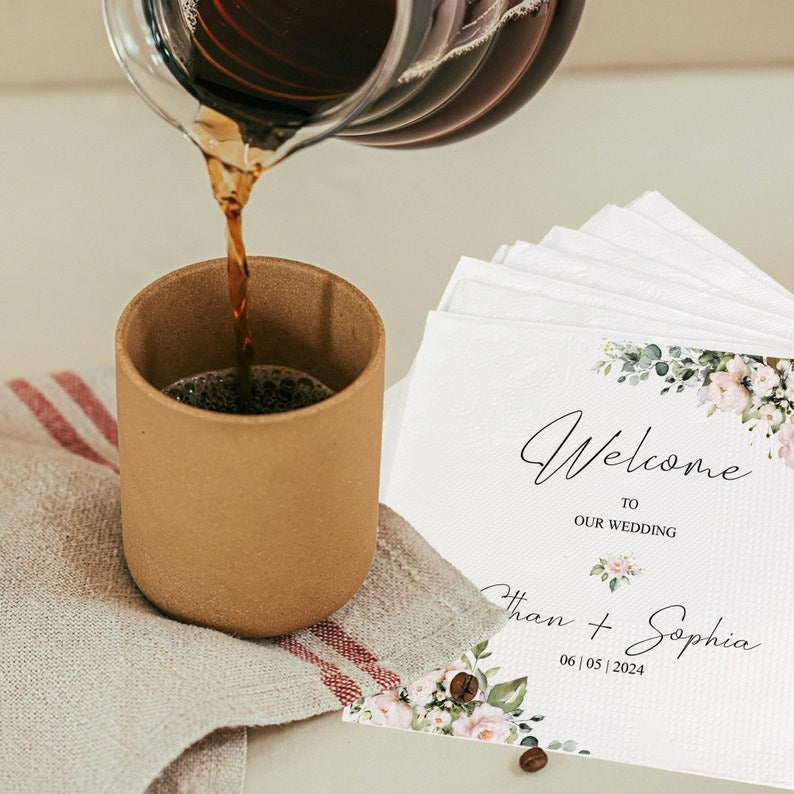 Personalized Floral Wedding Napkins , Custom Wedding Napkins , Cocktail Napkins , Save The Date , Dinner Bridal Shower Engagement Party
