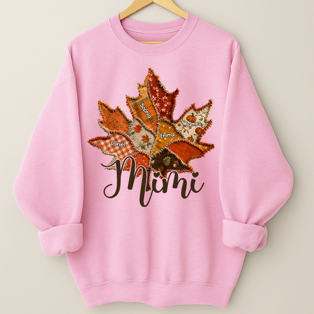 Personalized Mimi Fall Sweatshirt, Custom Grandkids Names Leaf Patchwork Sweatshirt, Autumn Grandma Gift, Cozy Thanksgiving Outfit