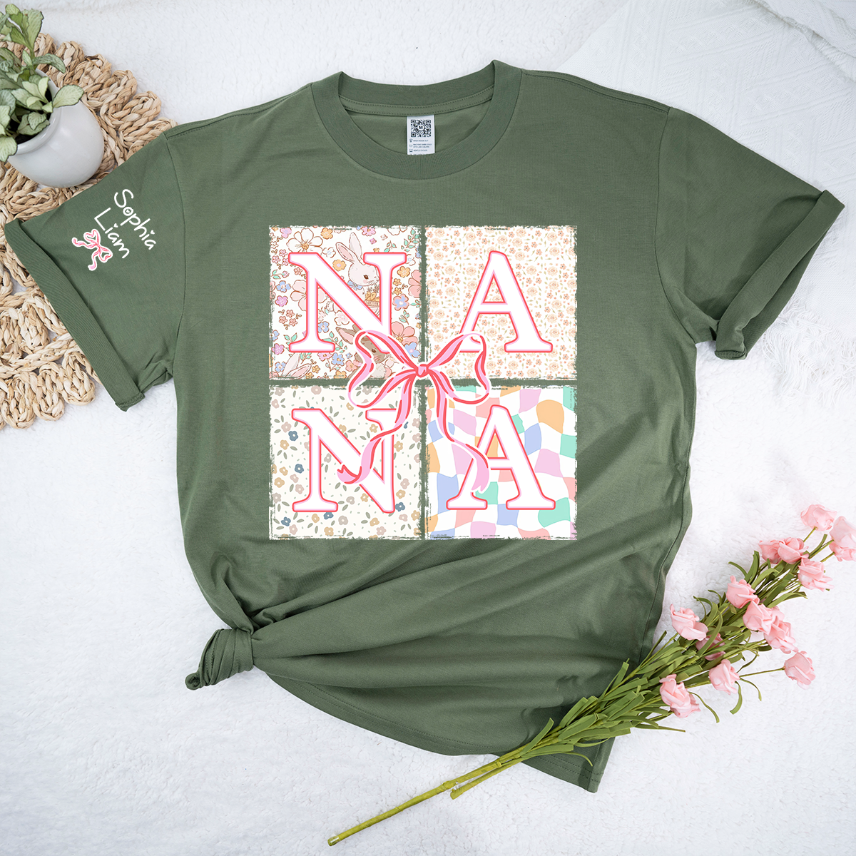 Personalized Nana Easter Shirt, Custom Grandma Shirt With Grandkids Names, Floral Bunny Patchwork Design
