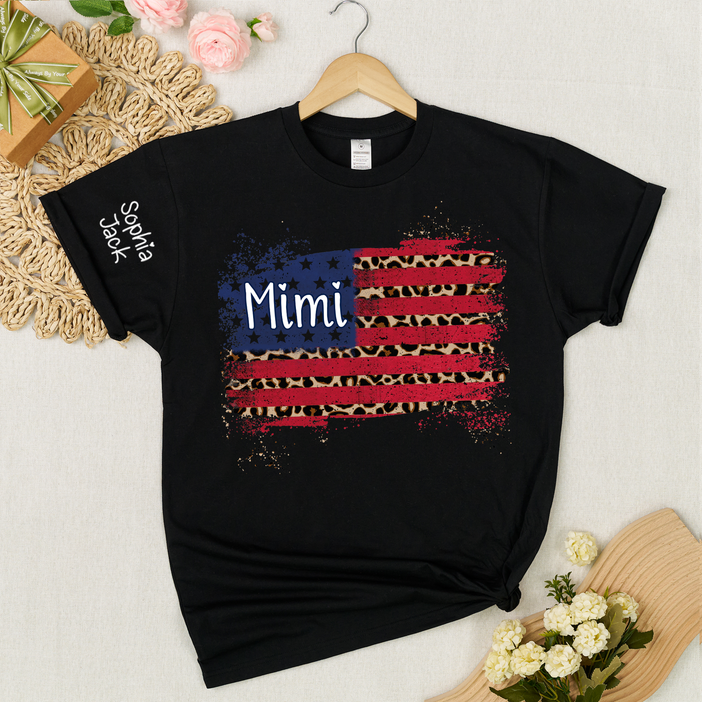 Personalized Mimi American Flag Shirt Leopard USA Flag Custom Kids Names T Shirt Patriotic Grandma Gift Fourth of July Family Matching Tee
