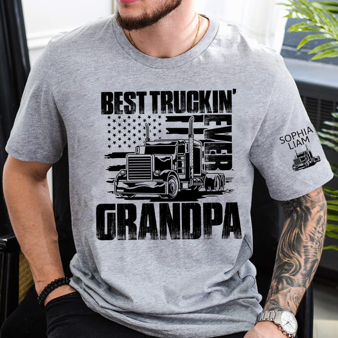 Personalized Best Truckin' Grandpa Ever, 4th July Independence Day American Flag T-Shirt For Gift Grandpa And Kids