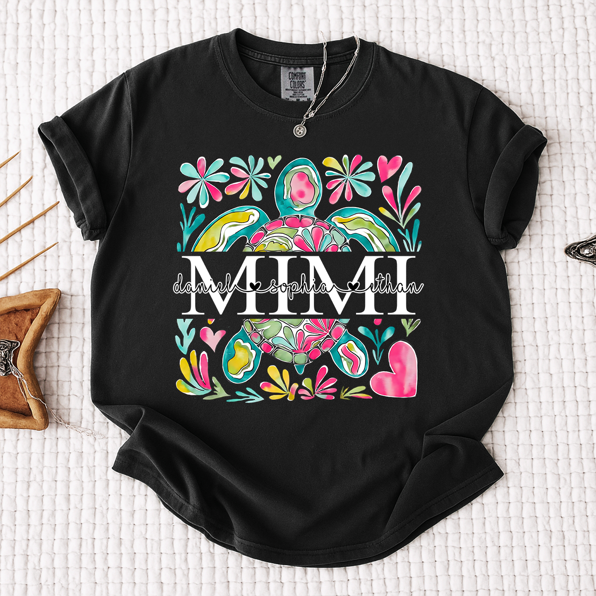 Comfort Colors Personalized Mimi Sea Turtle Shirt, Custom Grandma T Shirt with Grandkids Names, Coastal Family Gift for Mimi Nana Gigi