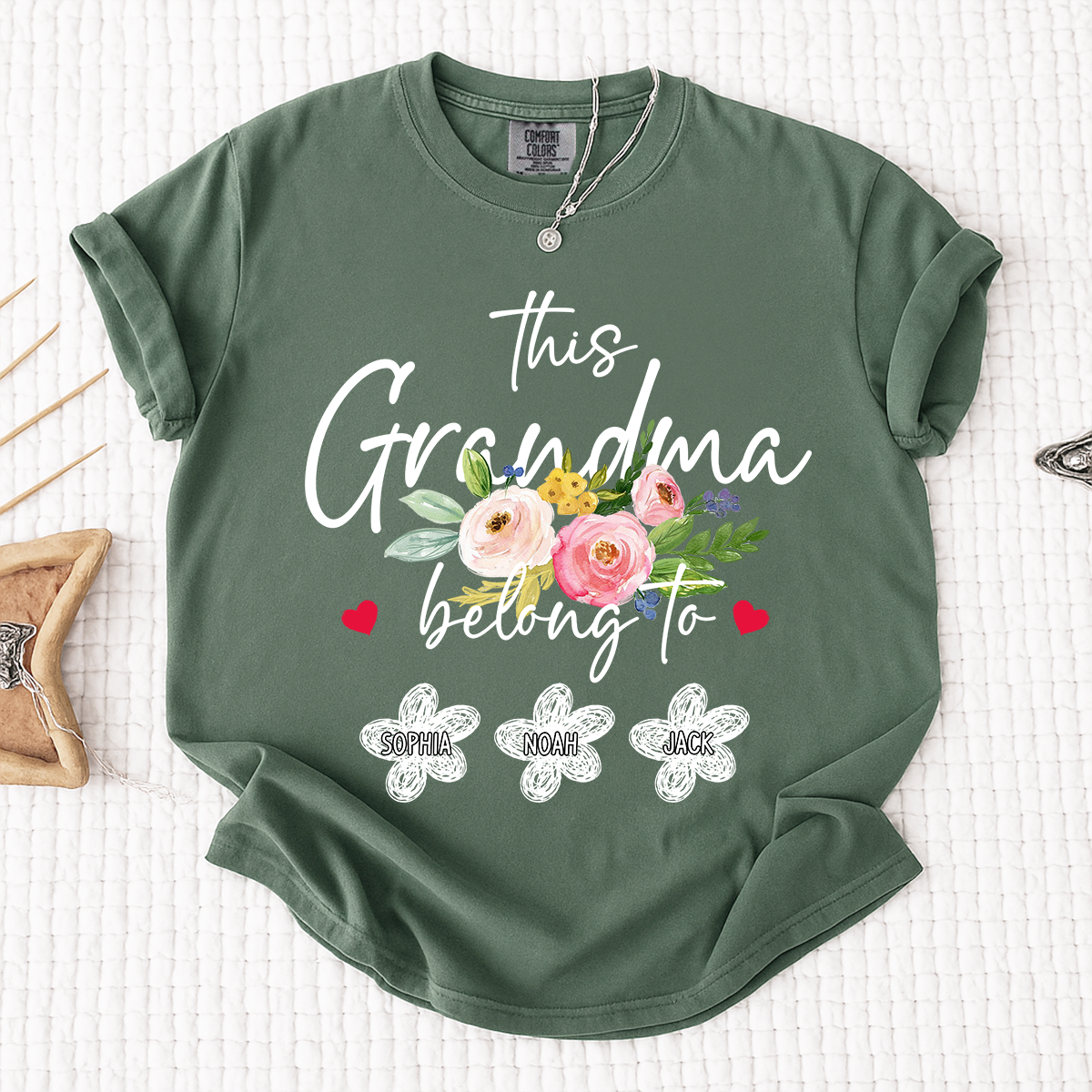 Comfort Colors Custom Grandma T-Shirt, This Grandma Belongs to Personalized with Kids Names and Flower Design
