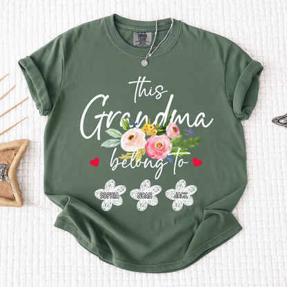 Comfort Colors Custom Grandma T-Shirt, This Grandma Belongs to Personalized with Kids Names and Flower Design