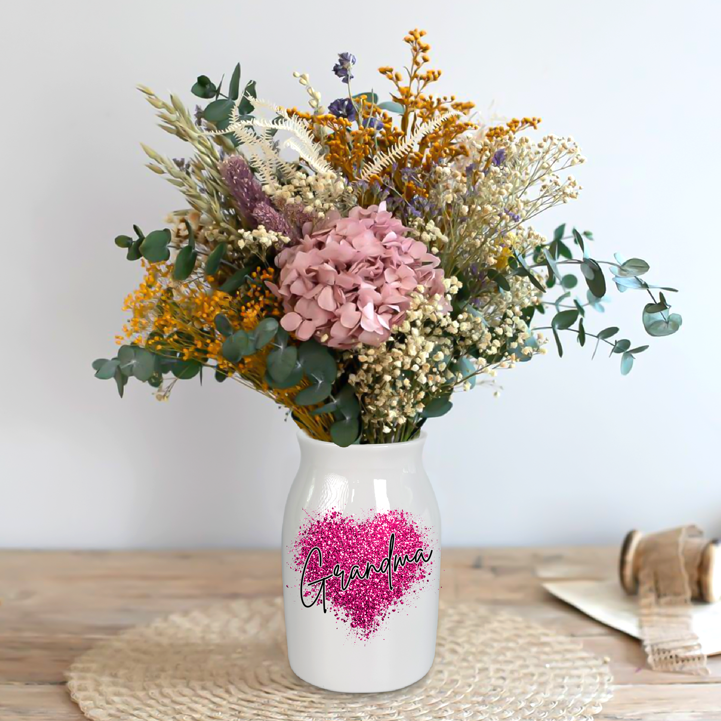 Heart Glitter Grandma And Kids - Custom Home Decoration Flower Vase According To Family Requirements - Warm Gift For Mother's Day, Ceramic Flower Vase