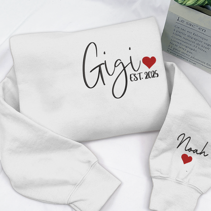 Embroidered Women's Sweatshirt with Heart, Gift For Gigi And Kids
