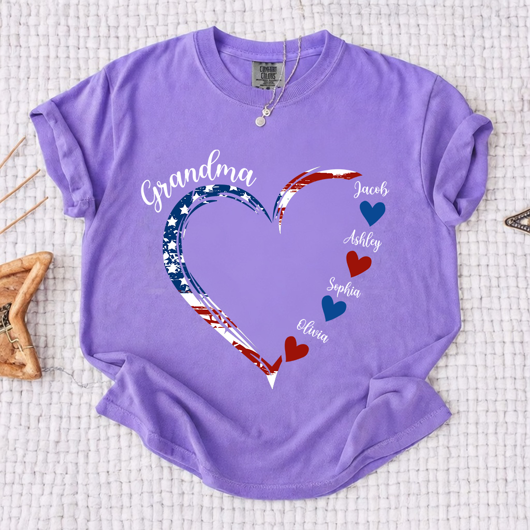 Comfort Colors Personalized Grandma Heart Shirt with Grandkids Names - Custom American Flag Heart Tee - Gift for Nana, Mimi, Gigi