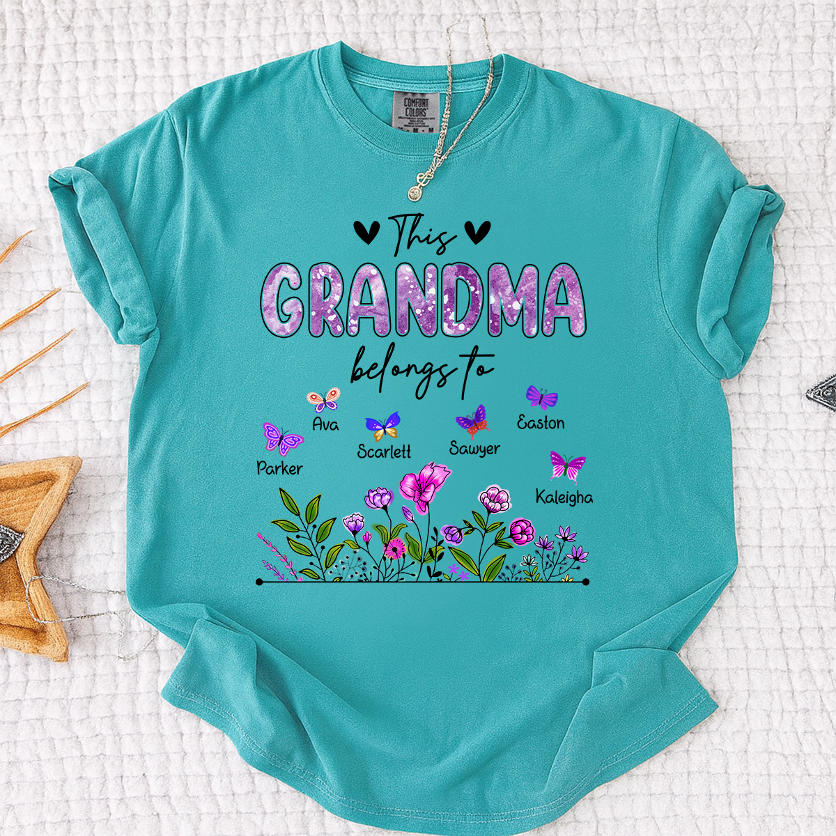 Comfort Colors® This Grandma Belongs To Tee, Custom Grandma Shirt with Grandkids Names, Floral Garden Theme, Meaningful Family Apparel