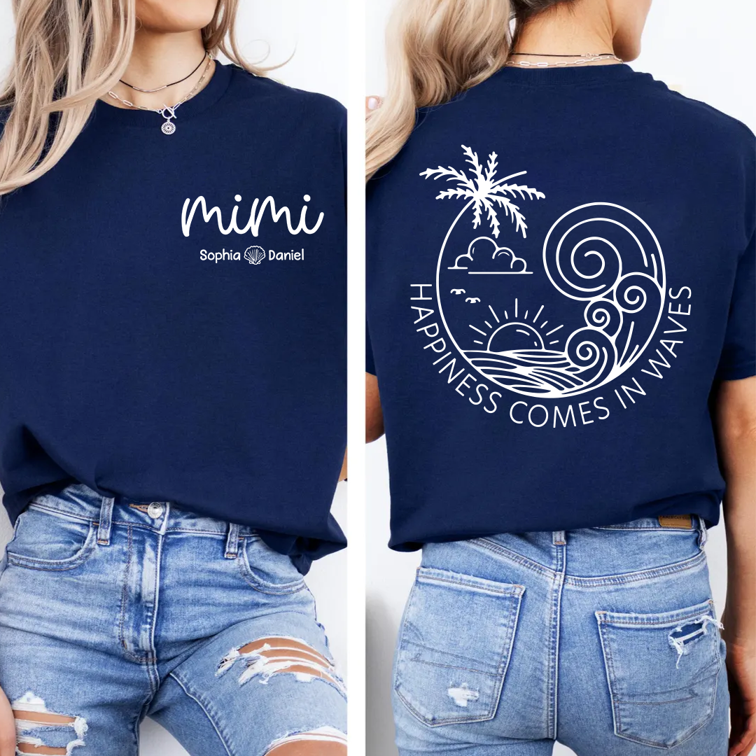 Custom Mimi Shirt with Kids Names, Happiness Comes in Waves Beach Tee, Personalized Grandma Summer Vacation Apparel