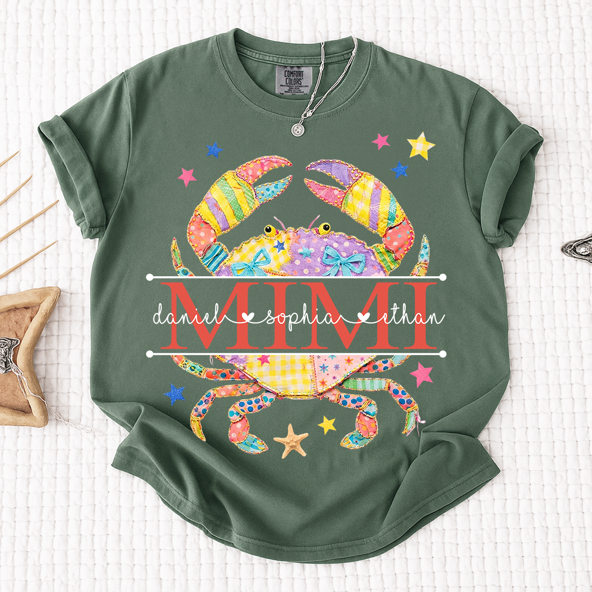 Comfort Colors® Personalized Mimi Crab Shirt with Grandkids Names, Coastal Grandma Tee, Custom Beach Crab Graphic T Shirt, Gift for Mimi from Grandchildren