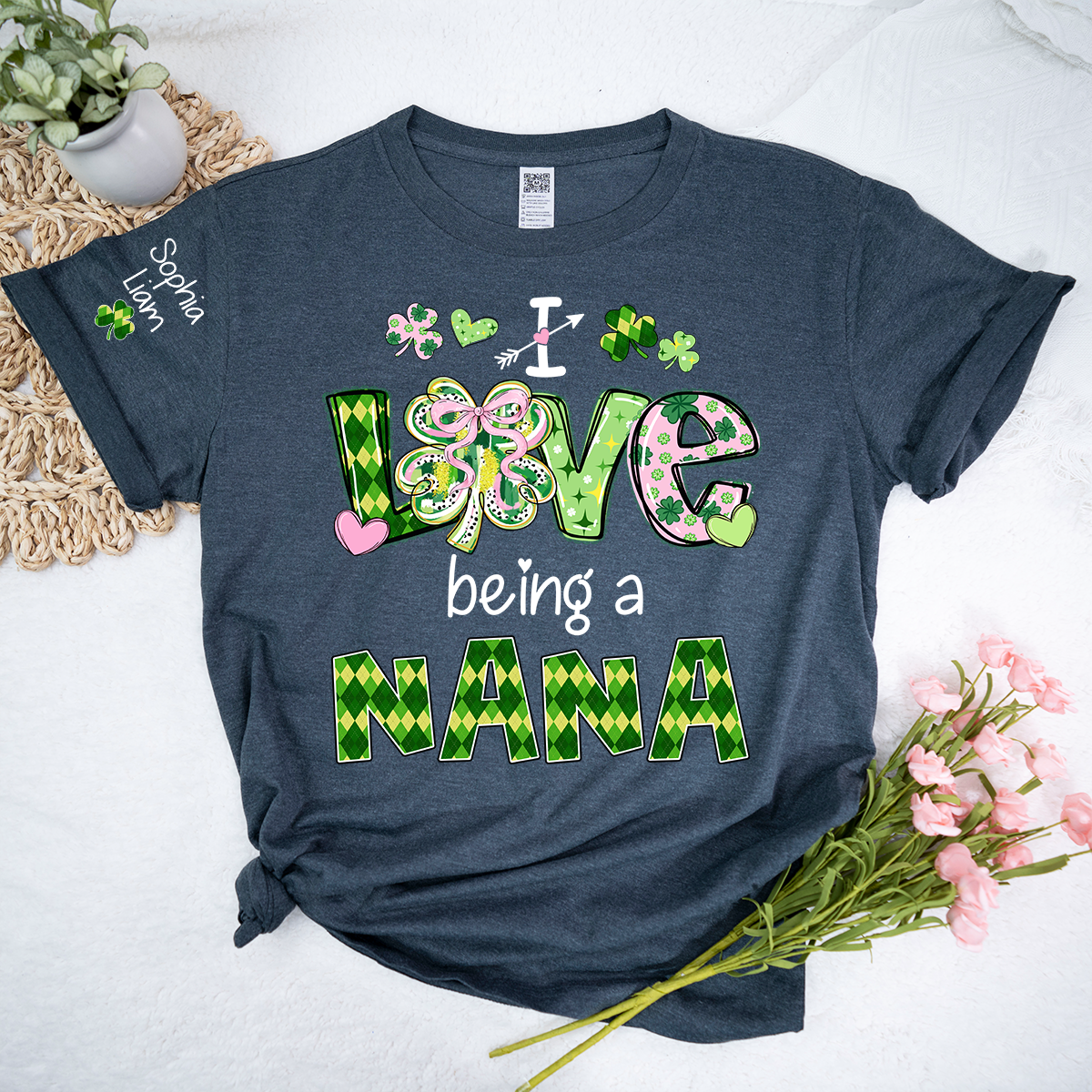 Personalized Patrick’s Day Nana Shirt, I Love Being a Nana Shamrock Design, Custom Grandma Shirt with Kids Names