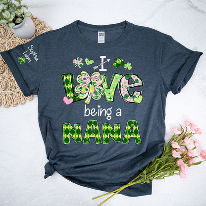 Personalized Patrick’s Day Nana Shirt, I Love Being a Nana Shamrock Design, Custom Grandma Shirt with Kids Names