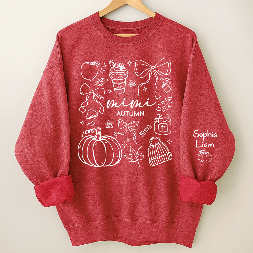 Custom Mimi Autumn Sweatshirt with Grandchildren Names, Personalized Fall Pumpkin Cozy Season Shirt, Grandma Gift