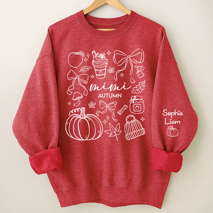 Custom Mimi Autumn Sweatshirt with Grandchildren Names, Personalized Fall Pumpkin Cozy Season Shirt, Grandma Gift