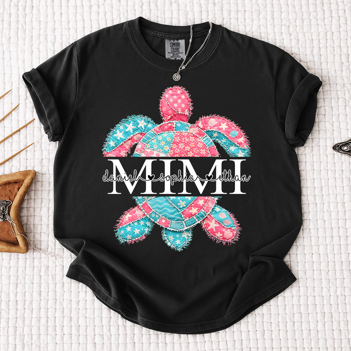 Comfort Colors Personalized Mimi Sea Turtle Shirt with Grandkids Names, Custom Grandma Beach T Shirt for Women, Coastal Family Gift