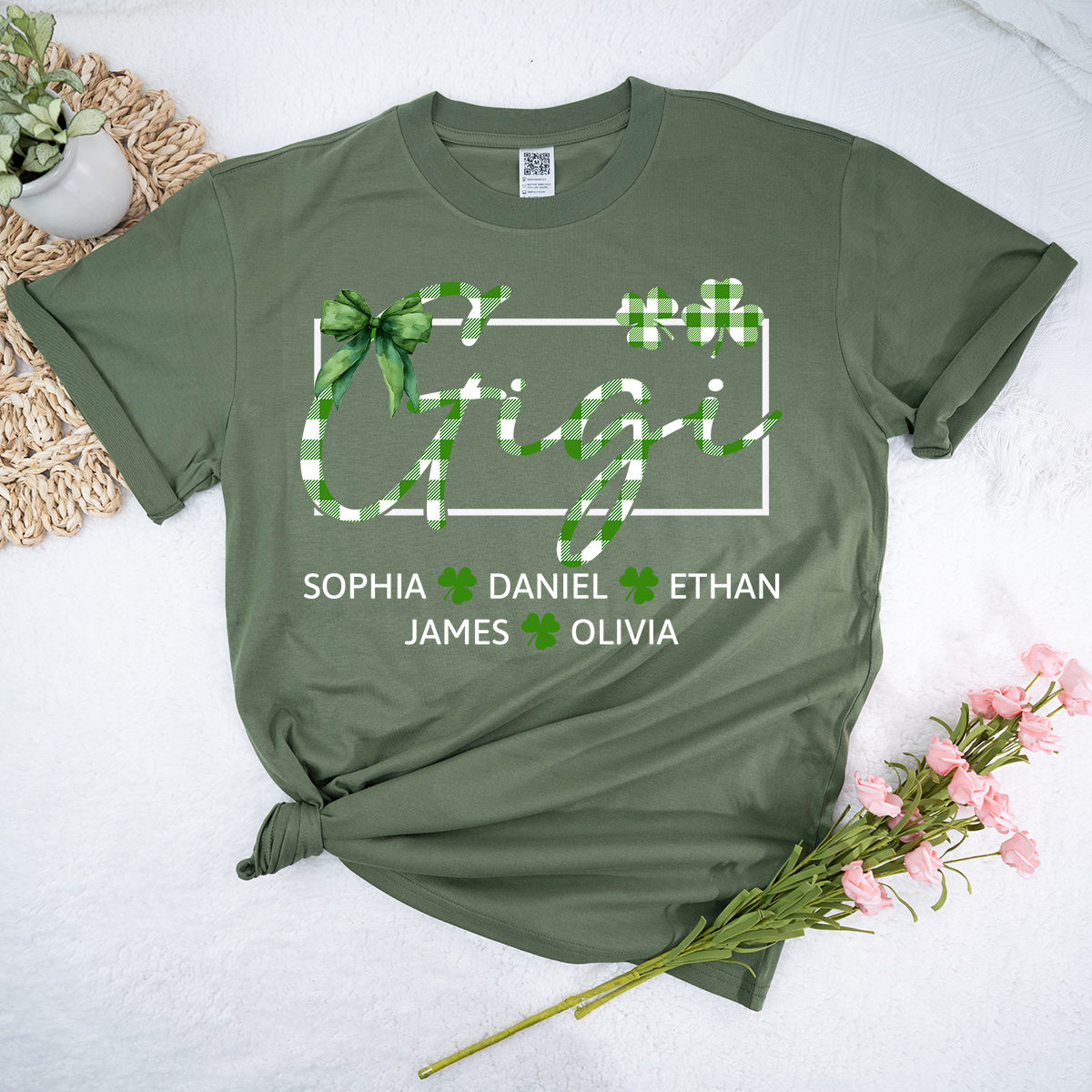 Personalized Gigi Family Shirt, Custom Names Shamrock Clover Tee, St Patrick’s Day Outfit for Gigi and Grandkids