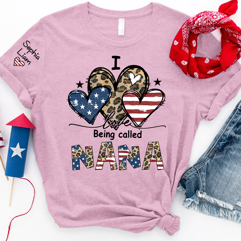 I Love Being Called Nana Shirt with Grandkids Names USA Flag and Leopard Heart Graphic Custom Family Name Tee