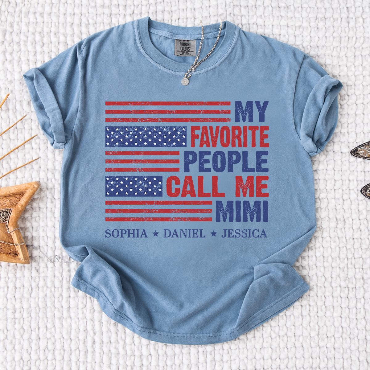Comfort Colors Custom Mimi Shirt with Grandkids Names My Favorite People Call Me Mimi Patriotic American Flag Design Personalized Family T Shirt