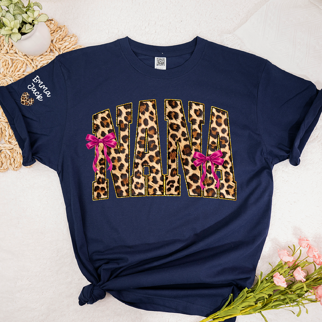 Custom Nana Shirt, Leopard Print And Bow Gift for Mimi Grandma And Kids