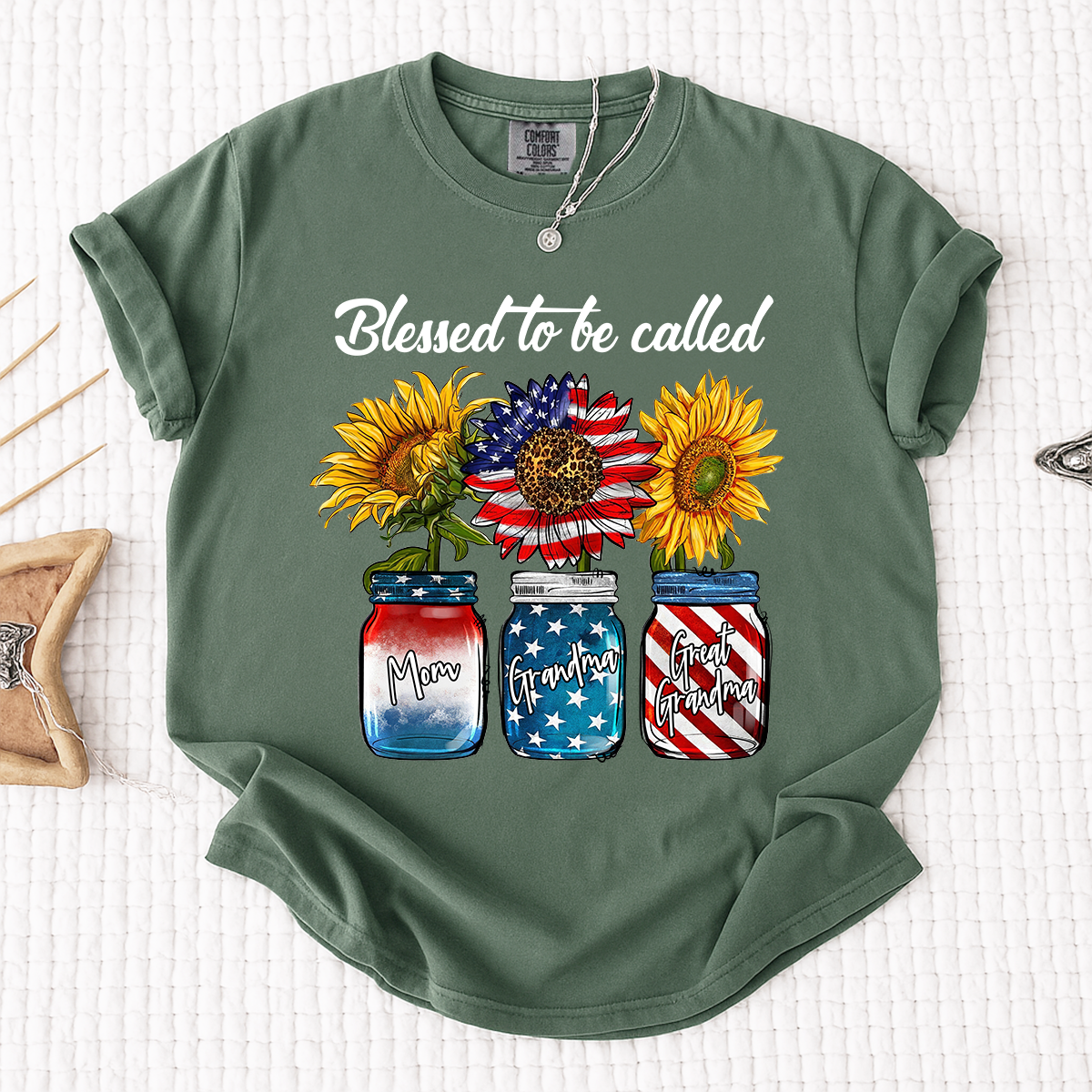 Comfort Colors Personalized Blessed to be Called Shirt, Custom Names with Sunflower and Patriotic Jar Design