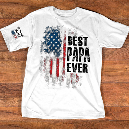 Best Papa Ever Shirt, Personalized Name Papa Tee, American Flag Design, Gift for Dad Grandpa from Kids, Custom Family Shirt