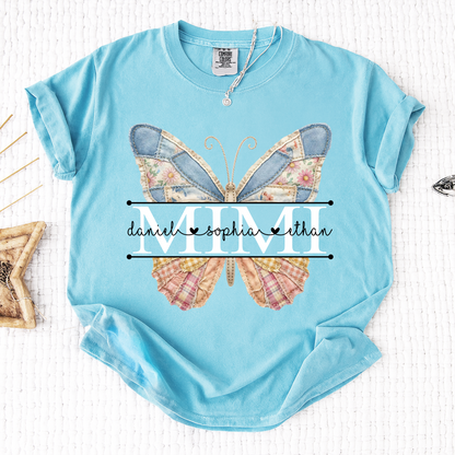 Comfort Mimi Patchwork Butterfly Shirt, Custom Grandkids Names with Floral Family Design Tee