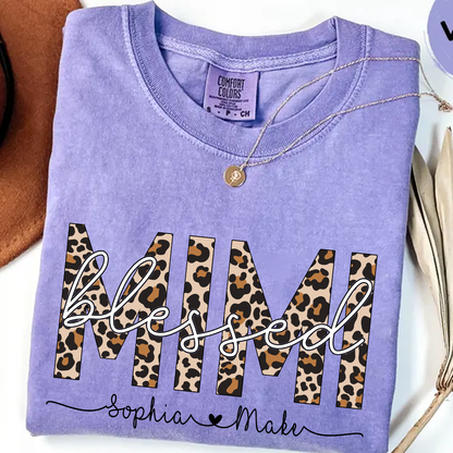 Comfort Colors® -Blessed Mimi Leopard Print T-Shirt – Personalized Grandma Tee with Grandkids' Names – Custom Gift for Mimi