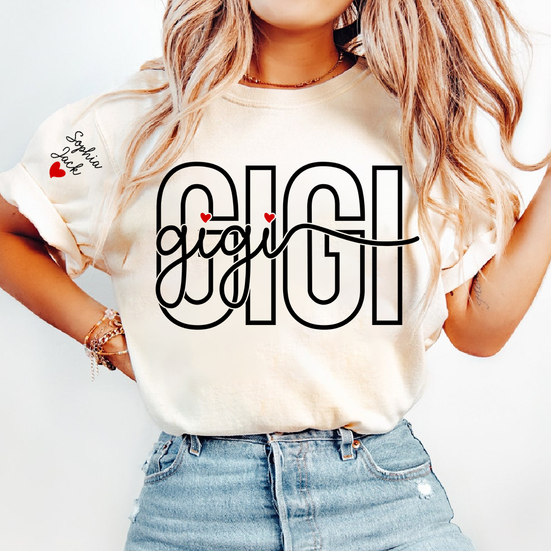 Custom Gigi Shirt for Women, Personalized Grandkids Names Tee, Grandma Family Shirt, Heart Name Graphic Gift for Gigi Lovers