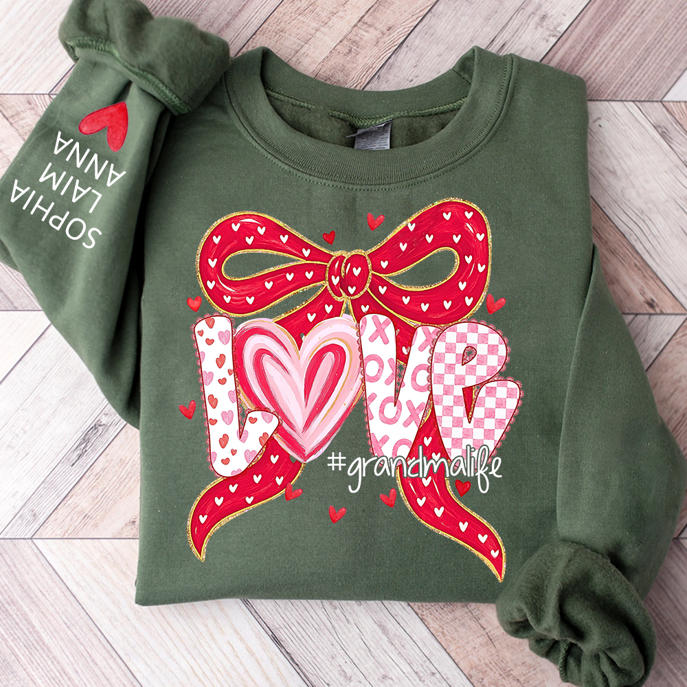 Custom Grandma Life Love Sweatshirt, Heart Bow Valentine Gift
